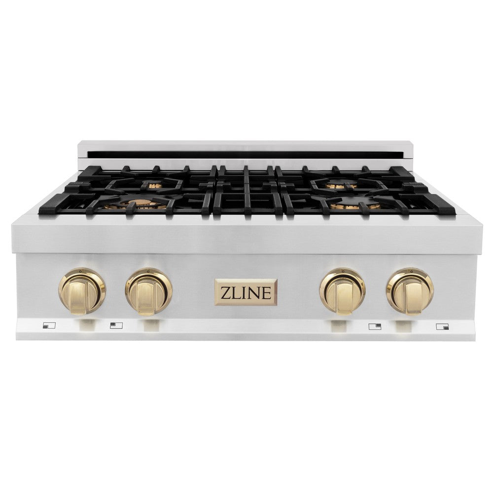 ZLINE RTZ 30 G 30-Inch 4-Burner Gas Rangetop with Porcelain Cooktop - Stainless Steel with Polished Gold Accents - Professional Style for Home Kitchen & Restaurant Use