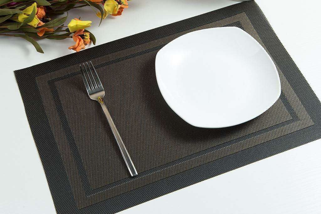 6-Piece Boho Woven Placemats Set - Waterproof Vinyl Table Mats for Indoor/Outdoor Dining - Black & Gold Decorative Frames - Perfect for Dinner Parties, Picnics, and Home Decor