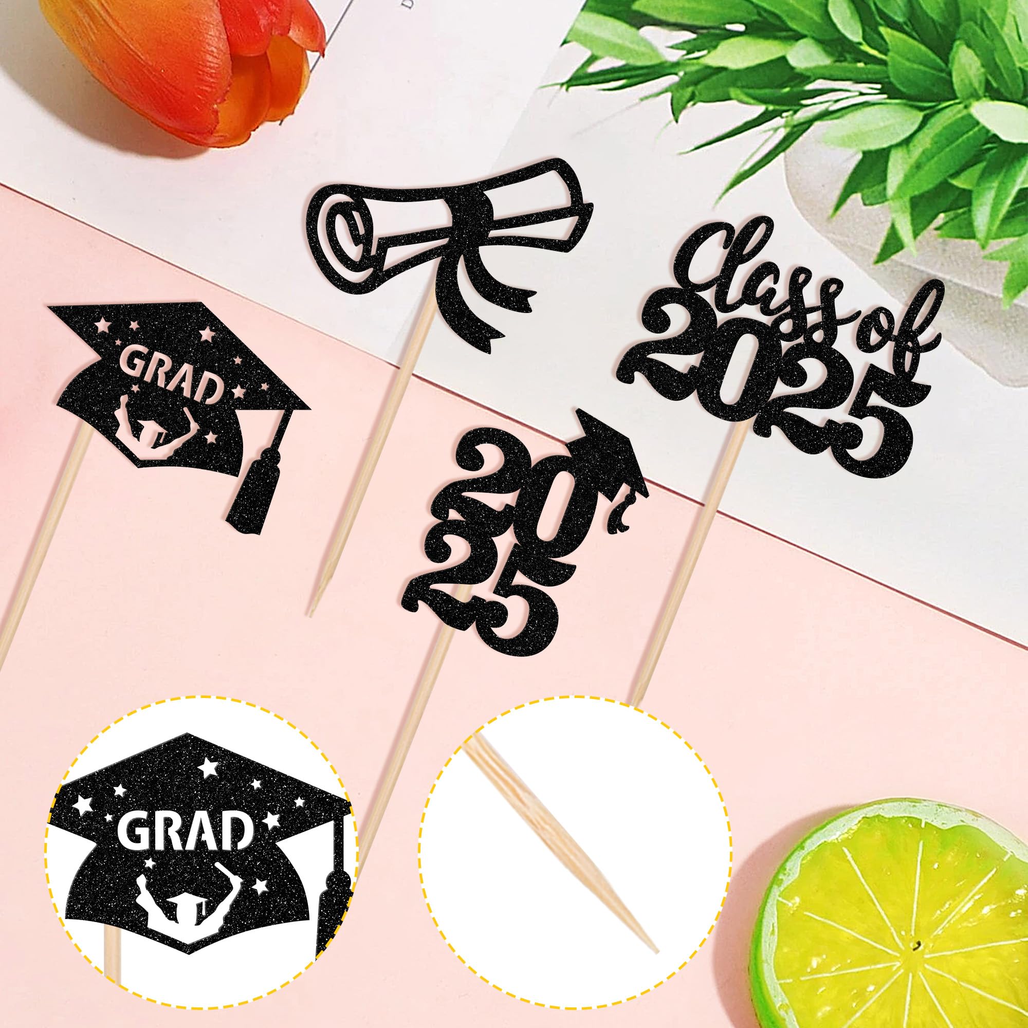 24 PCS 2025 Graduation Cupcake Toppers - Glitter Class of 2025 Diploma & Grad Cap Cupcake Picks - Perfect for Graduation Party Cake Decorations & Supplies (Black) - Ideal for Graduation Celebrations, School Parties & Dessert Table Decor