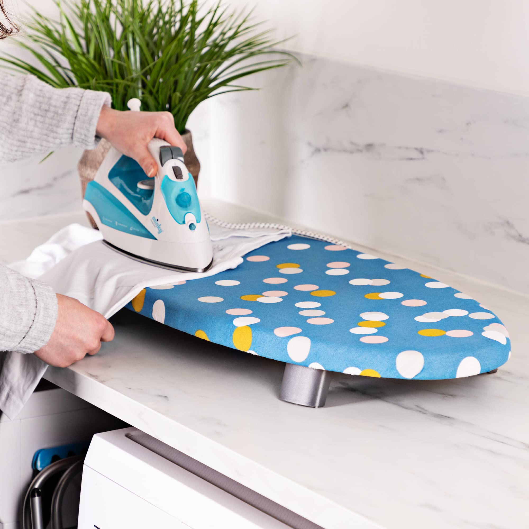 Space Saving Small Ironing Board with Folding Feet - Lightweight Compact Mini Ironing Table for Small Spaces - Minky Homecare Therma-Lite Table Top Ironing Board (Blue Spots, 27.5 x 13.3) - Perfect for Apartments, Dorms, Travel & Quick Ironing Tasks