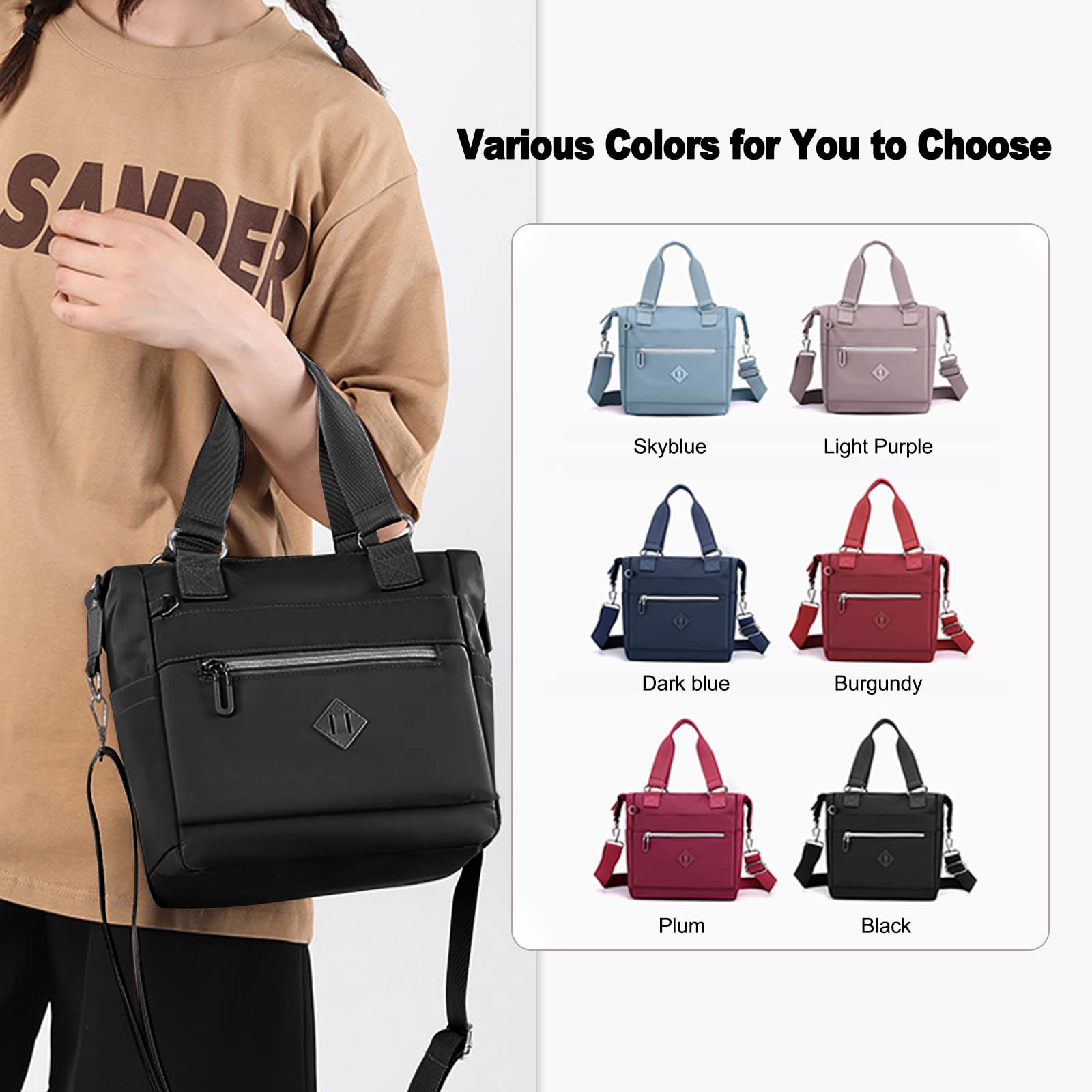 Gelory Women's Waterproof Nylon Tote Bag - Small Crossbody Shoulder Handbag with Detachable Strap & Multiple Pockets | Perfect for School, Shopping, Work & Travel (Black) | Stylish Everyday Carry & Commuter Essentials