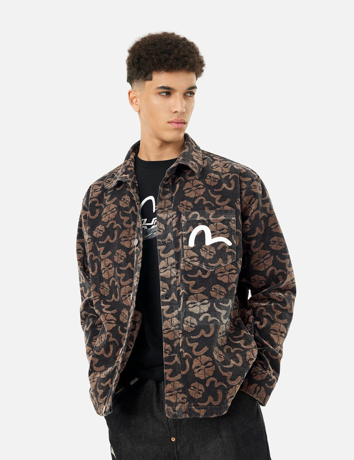 Stylish Allover Seagull & Kamon Jacquard Loose Fit Shirt Jacket for Men | Casual Oversized Button-Up Shirt Coat | Perfect for Beach Outings, Streetwear Fashion, and Layered Outfits
