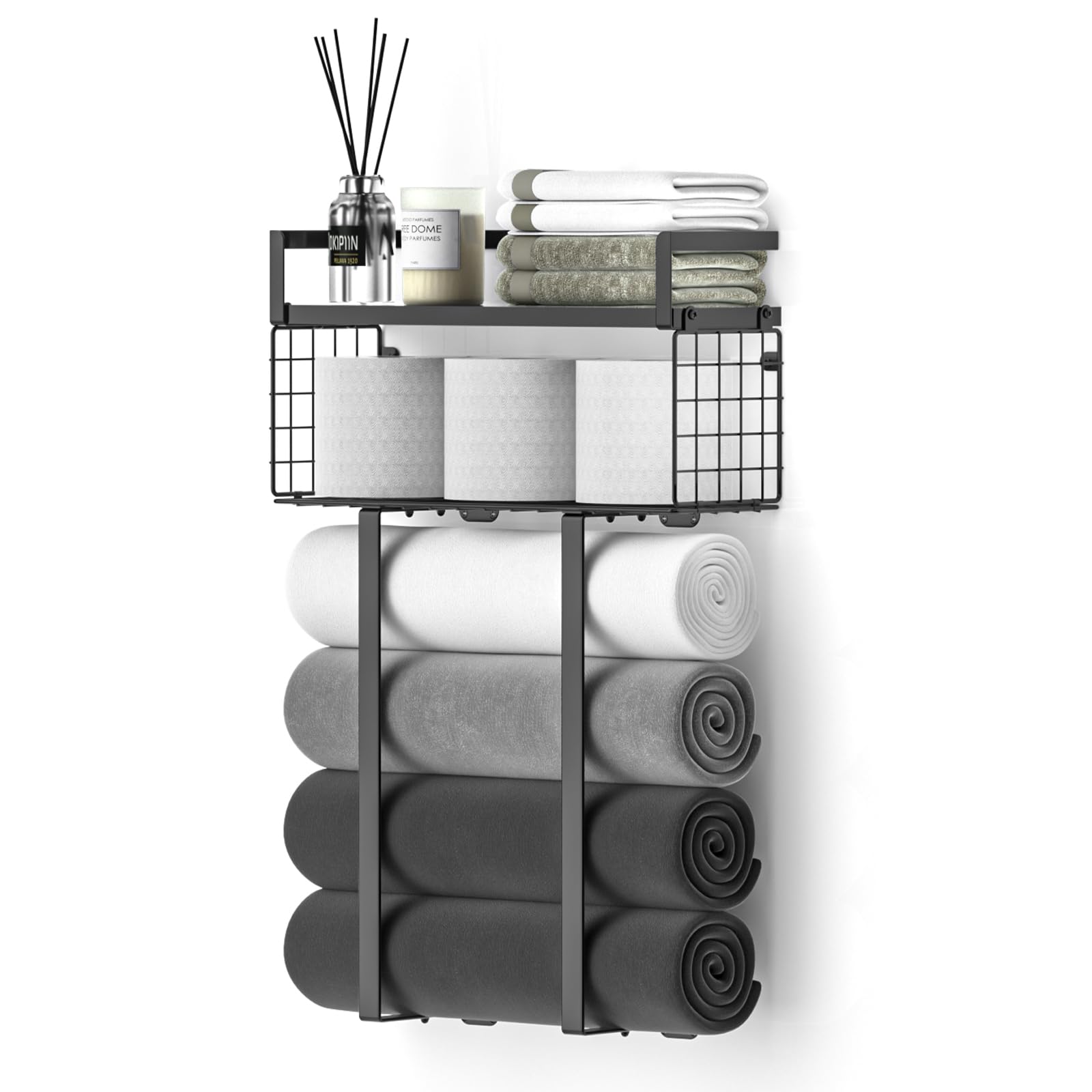 Stainless Steel Wall Mounted Towel Rack with Storage Basket - Space Saving Bathroom Organizer for Rolled Towels, Hand Towels & Toiletries - Perfect for Small Bathrooms, Apartments & Powder Rooms