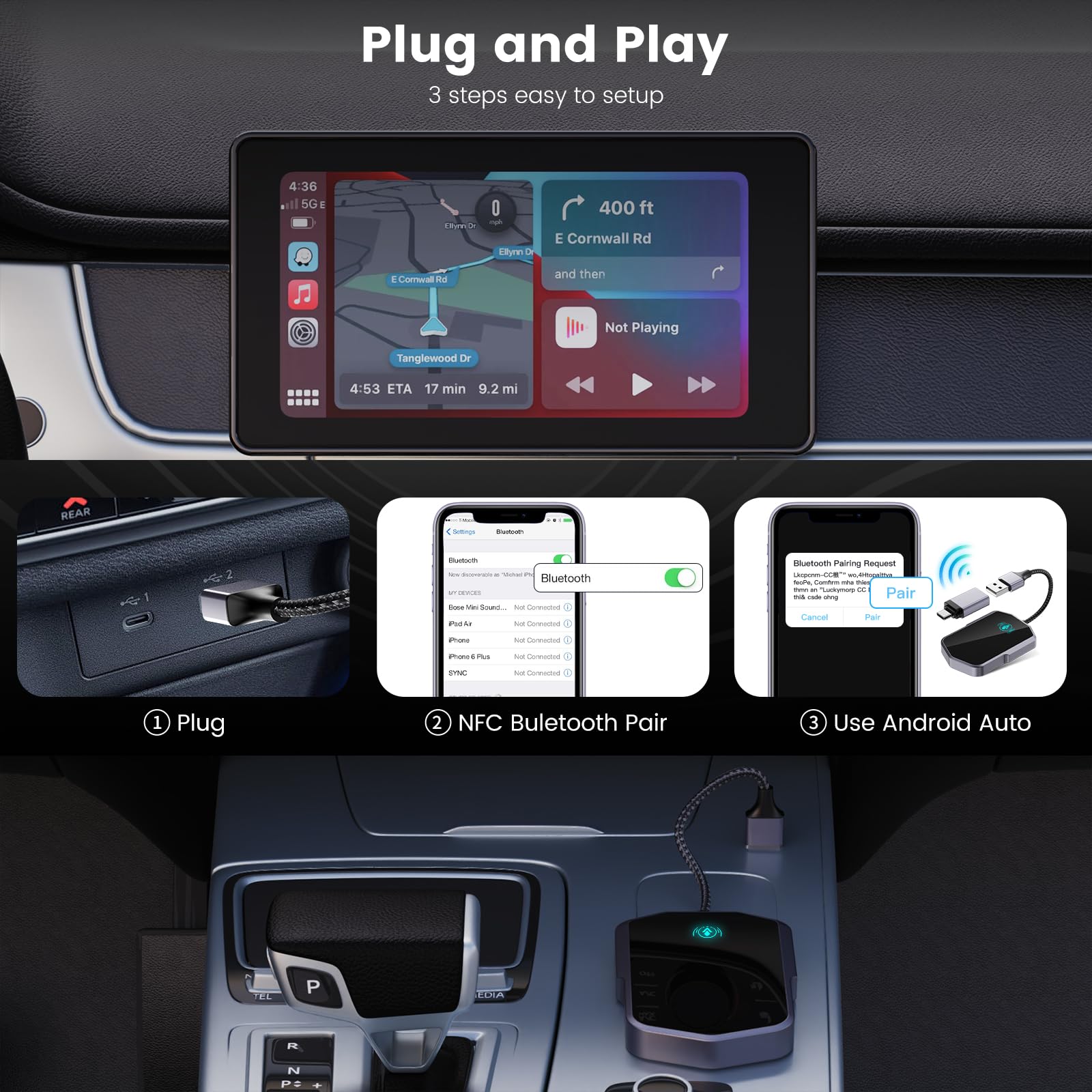 Wireless Android Auto Adapter - Convert Wired to Wireless CarPlay for Android 11+ & 2017+ Vehicles | Fast Connection | Plug & Play | Gray | Perfect for Commuting & Road Trips
