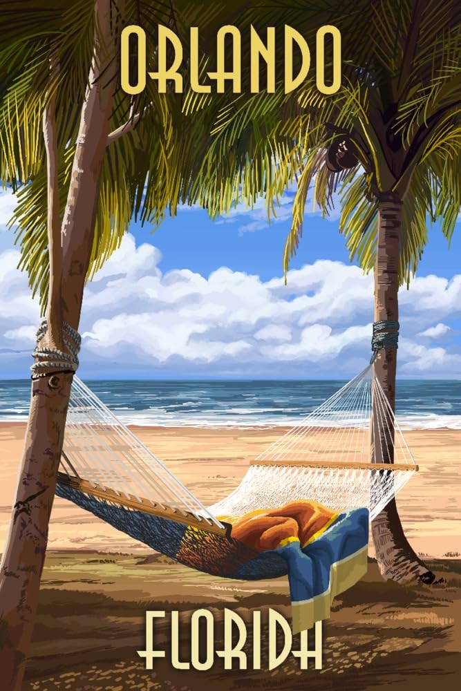 Lantern Press Orlando Florida Palms and Hammock Wall Art - 16x24 Wrapped Canvas Print for Beach House Decor, Tropical Living Room & Bedroom Wall Decor