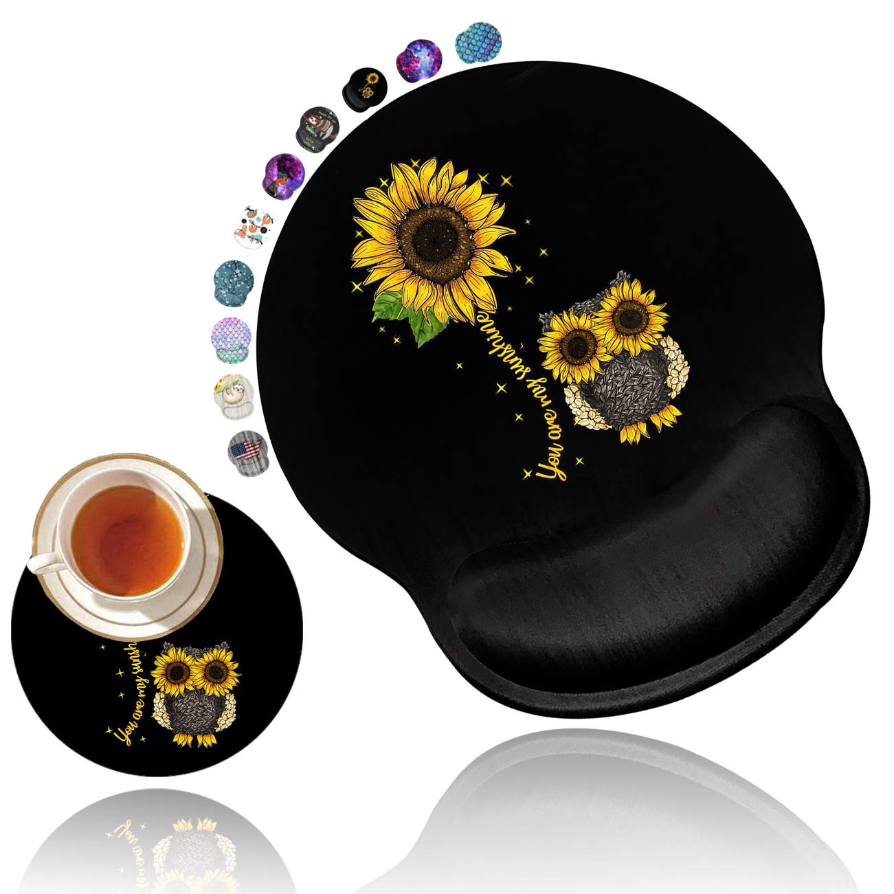 Ergonomic Mouse Pad with Gel Wrist Rest Support - Non-Slip PU Base for Computer, Laptop, Home & Office Use - Gaming, Working, Typing Comfort & Pain Relief - Sunflower & Owl Design + Bonus Cup Coaster - Perfect for Long Work Hours & PC Gaming Sessions
