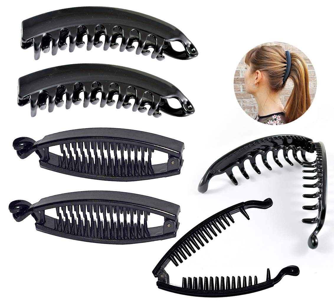 BHARATGAURAV 4-Pack Black Banana Hair Claw Clips for Women & Girls - Strong Hold Hair Clutchers for Ponytails, Buns & Updos - Perfect for School, Work & Everyday Styling