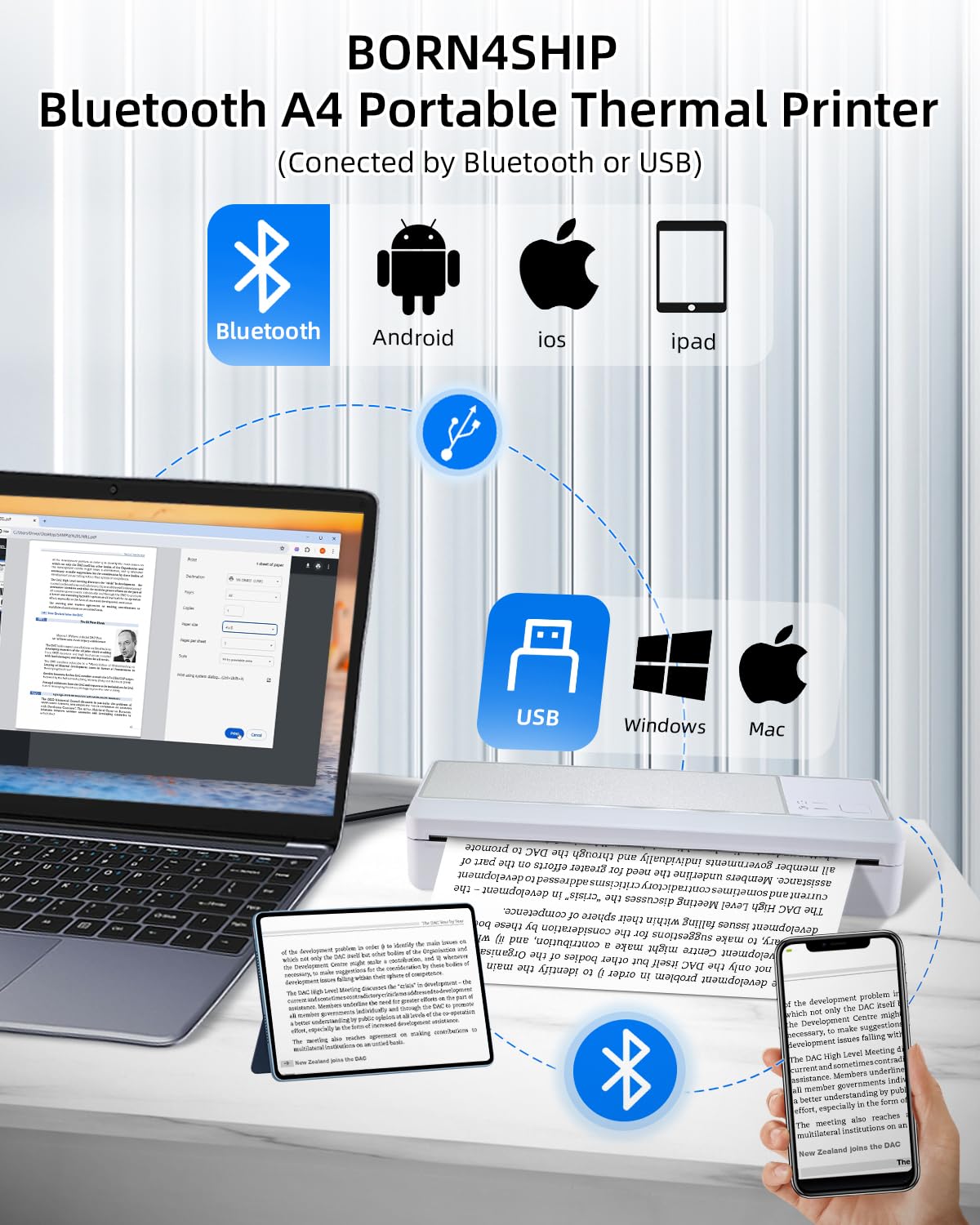 Portable Bluetooth Thermal Printer - Wireless Mini Printer for Android & iOS, Compatible with PC, Supports Multi-Size Thermal Paper (300DPI Inkless) - Perfect for Travel, Office, School, Receipt Printing, Label Making & Home Organization