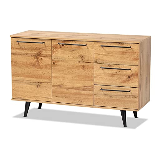 BOWERY HILL 3-Drawer Oak Brown Wood Sideboard Buffet Cabinet - Rustic Farmhouse Storage for Dining Room, Living Room & Entryway