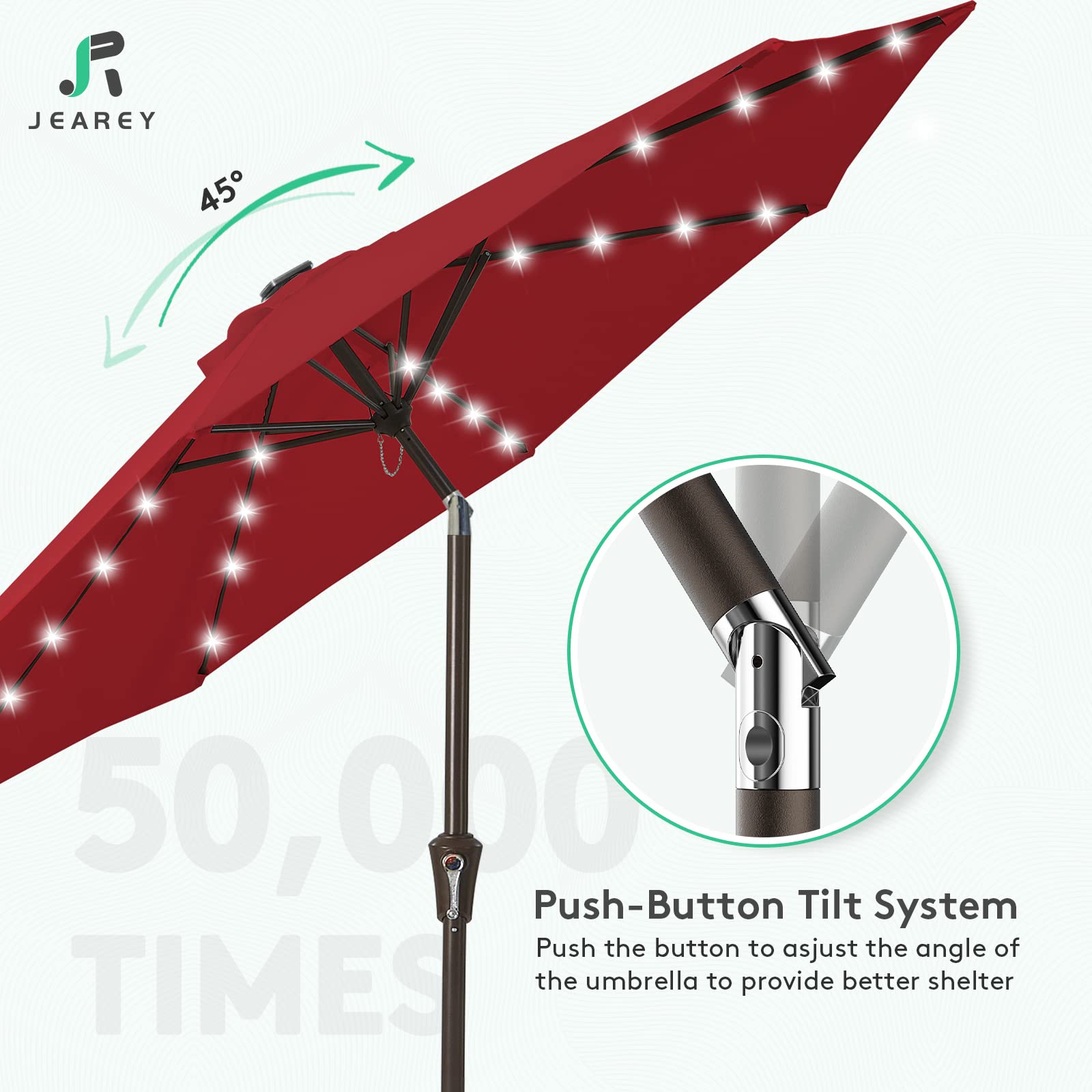 JEAREY 9FT Solar LED Lighted Patio Umbrella with Tilt Function - Waterproof Outdoor Table Umbrella for Poolside, Deck, Garden & Backyard (Red) - Perfect for Summer BBQs, Beach Parties & Outdoor Dining