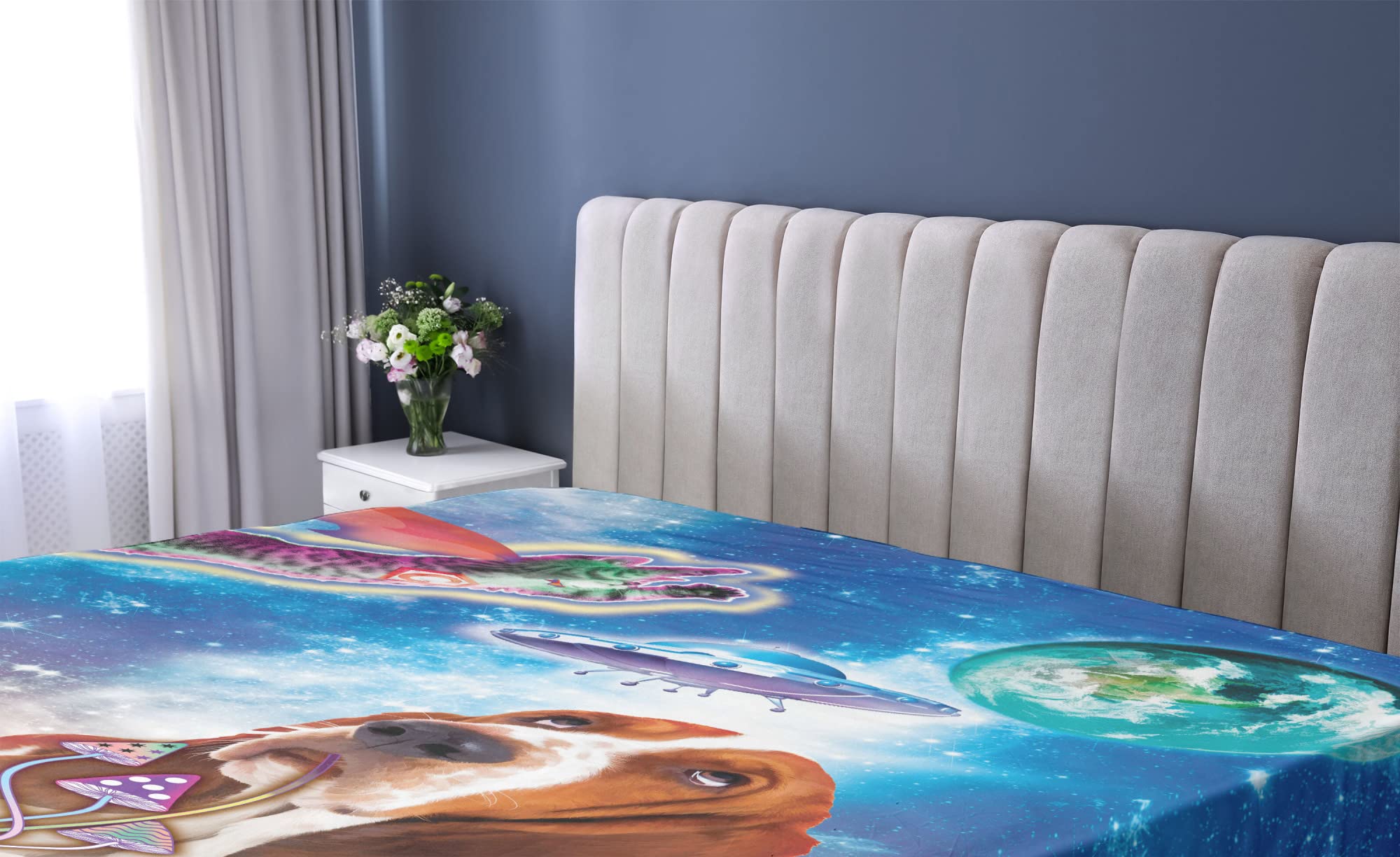 Ambesonne Space Cat Fitted Sheet, Twin XL, Vibrant Cosmic Print - for Kids' Bedrooms & Dorm Decor