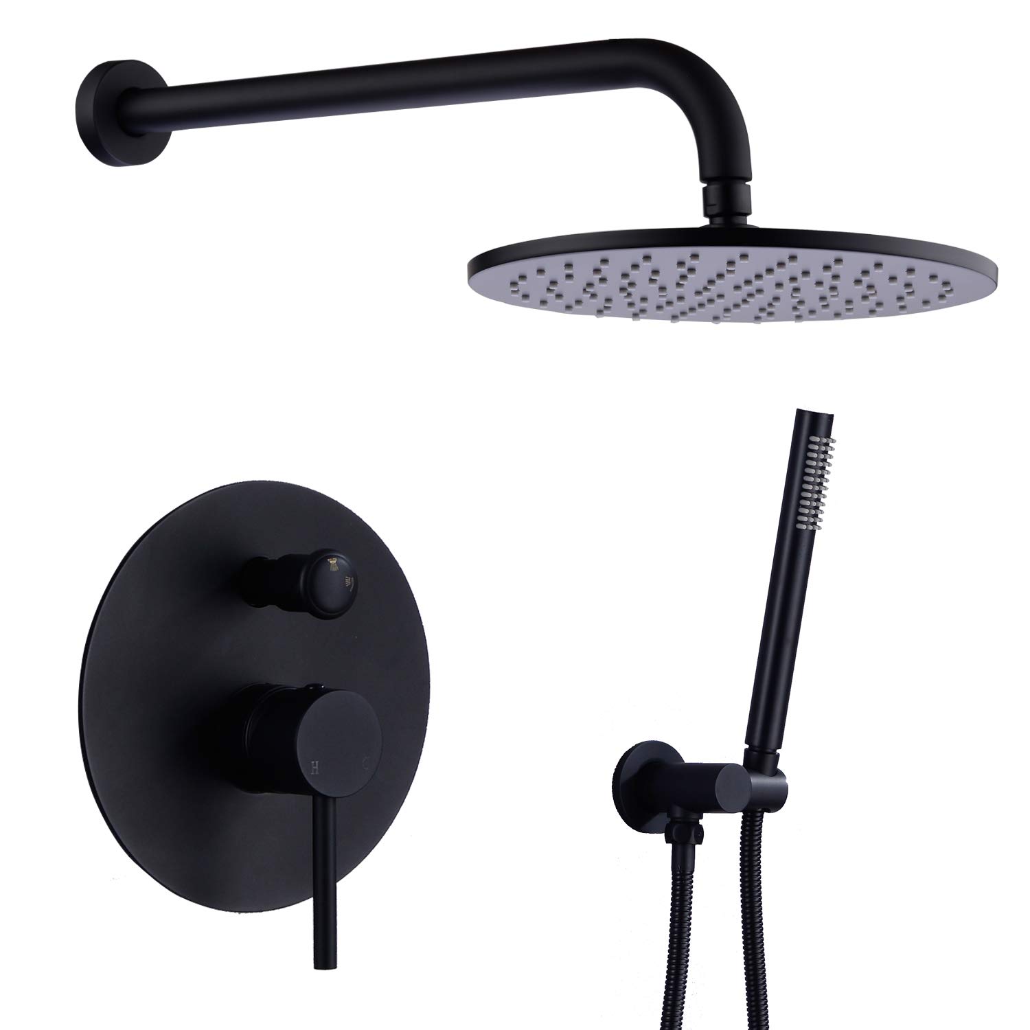 TRUSTMI Matte Black Wall Mounted Shower System - 10 Inch Rainfall Shower Head with Handheld Spray, Pressure Balance Valve, Diverter & Trim Kit - Perfect for Modern Bathroom Renovation & Spa-Like Shower Experience