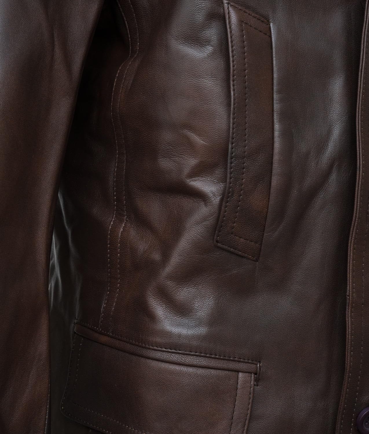 Higobo Men's Brown Leather Pea Coat - Double Breasted Winter Peacoat Jacket for Men | Warm & Stylish Outerwear for Business, Dating & Formal Occasions