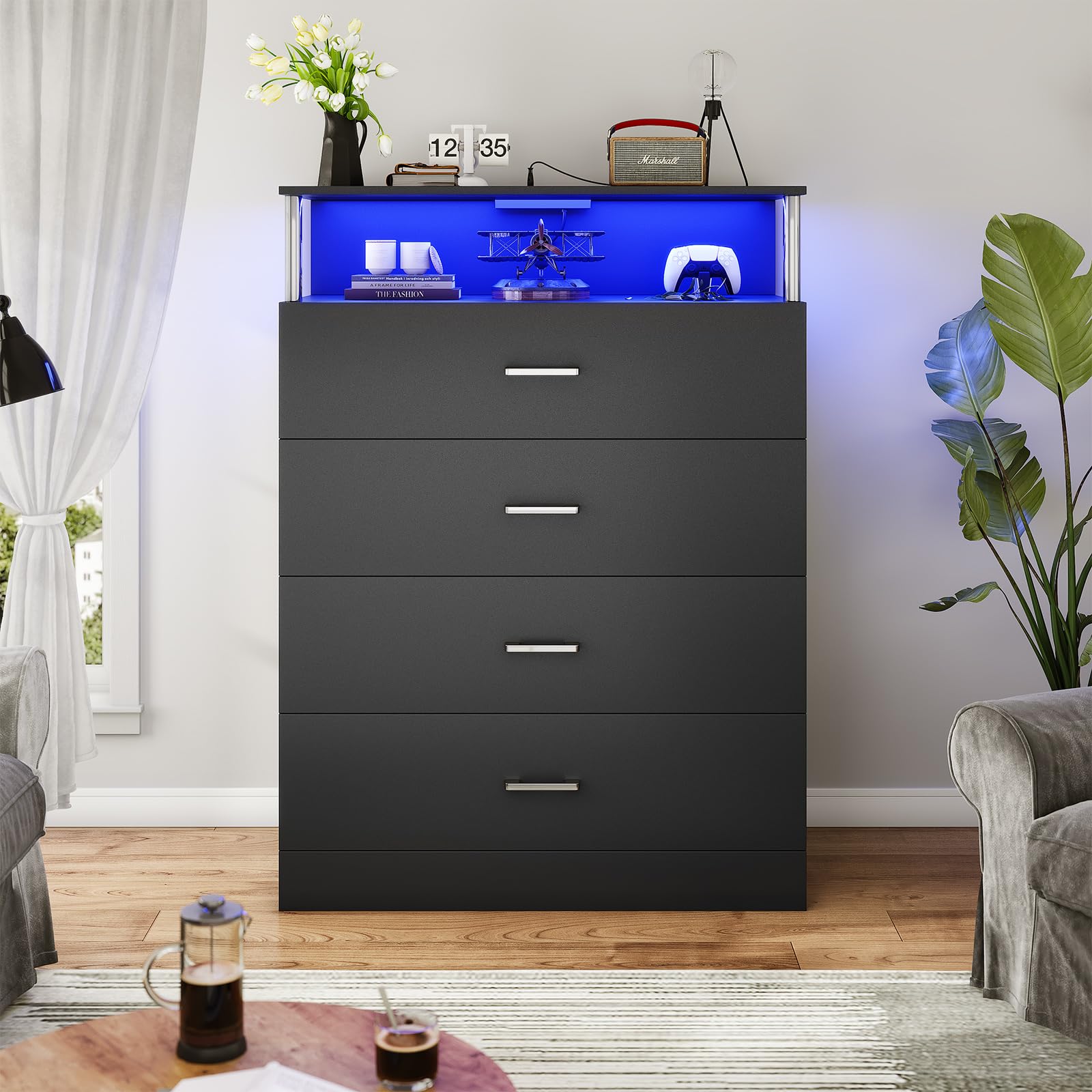 Modern 4-Drawer Tall Black Dresser with Charging Station & Column Design - LED Bedroom Dresser for Closet Organization | Perfect for Small Spaces, Guest Rooms & Master Bedroom Storage