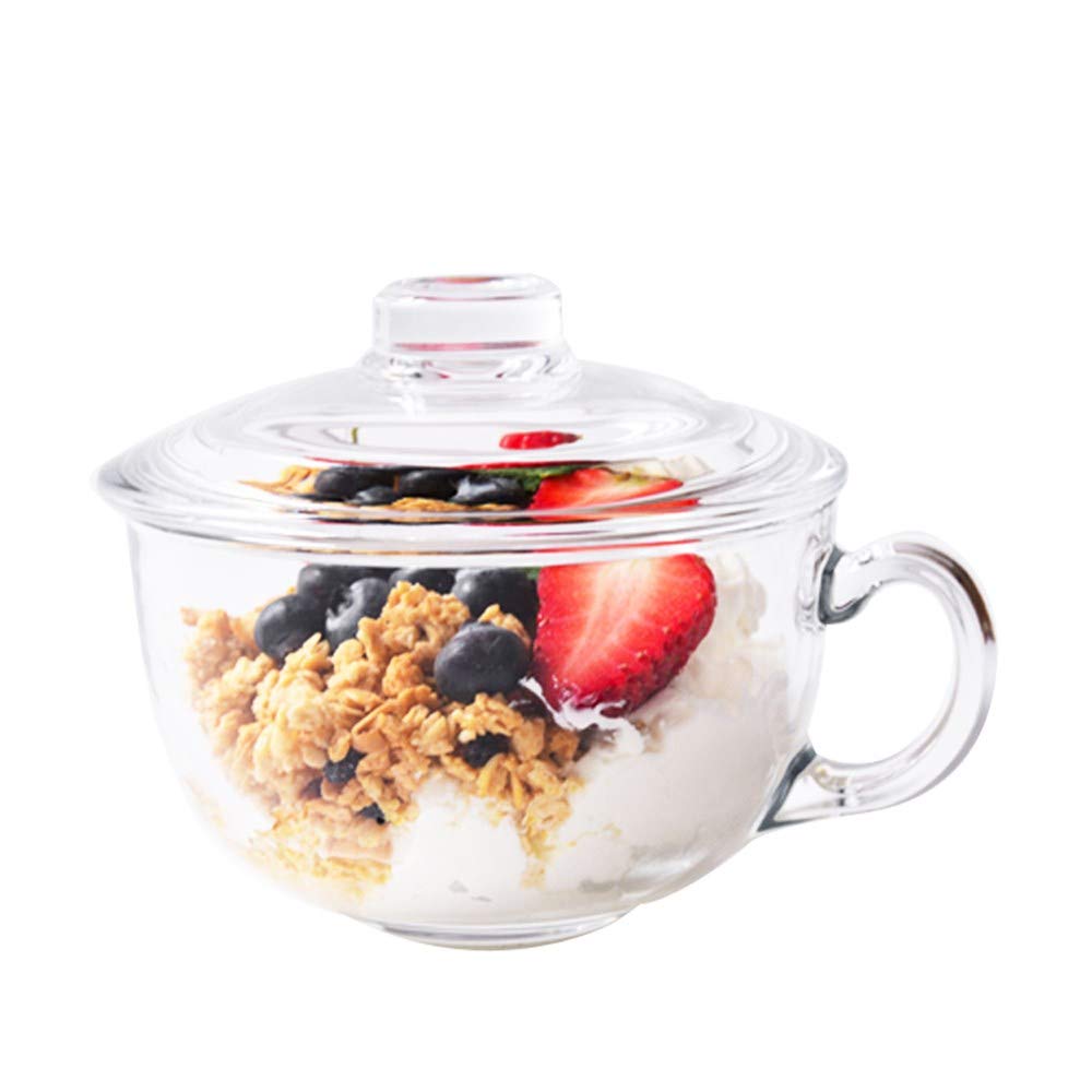 Heat-Resistant Tempered Glass Breakfast Cup with Lid - Cereal Bowl, Milk Foam Cup & Salad Container | Safe, Healthy & Durable for Coffee, Smoothies, Yogurt & Office Lunch