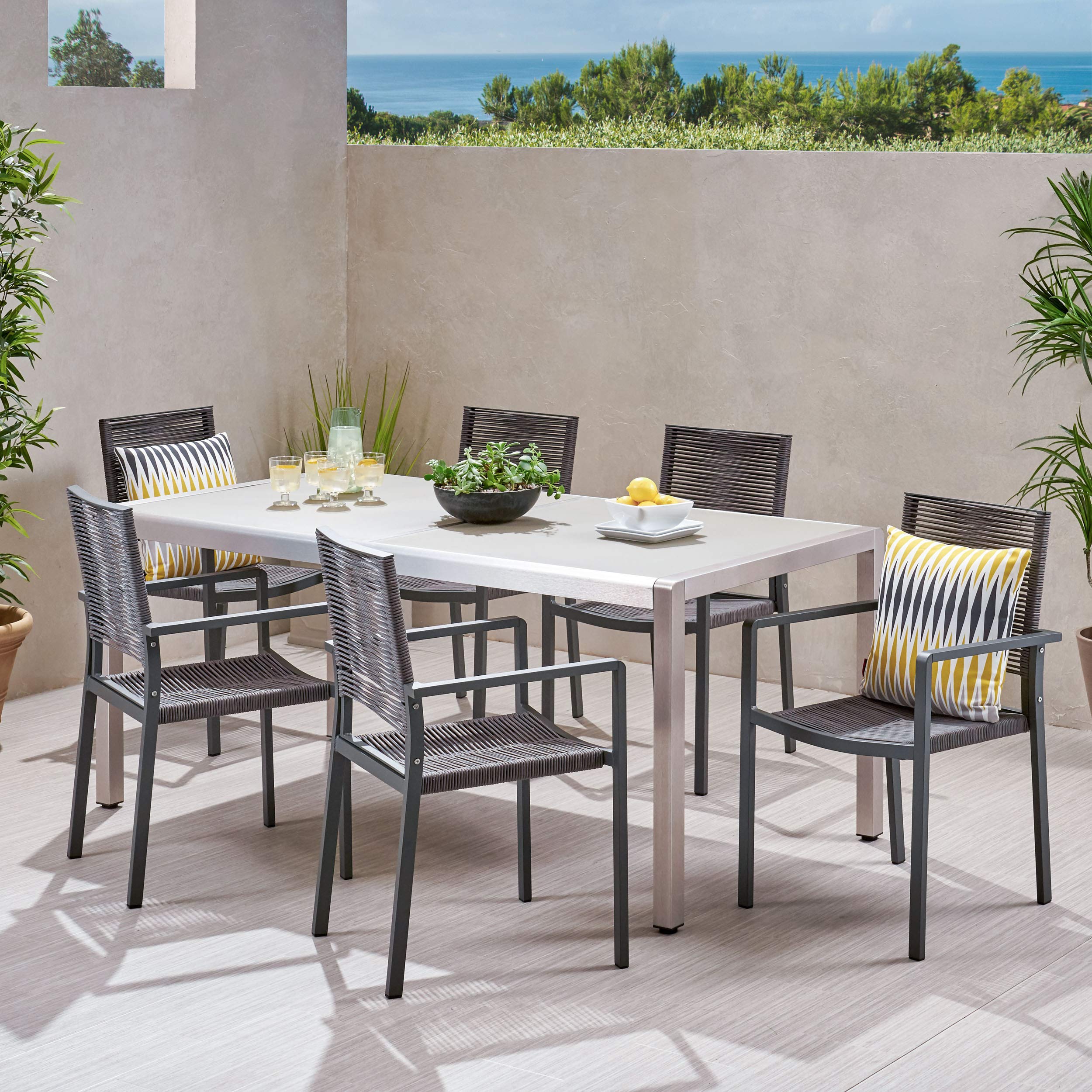 Modern 6-Seater Outdoor Aluminum Dining Set with Tempered Glass Table Top - Gray, Silver & Dark Gray | Weather-Resistant Patio Furniture for Backyard, Garden & Poolside Dining | GDFStudio