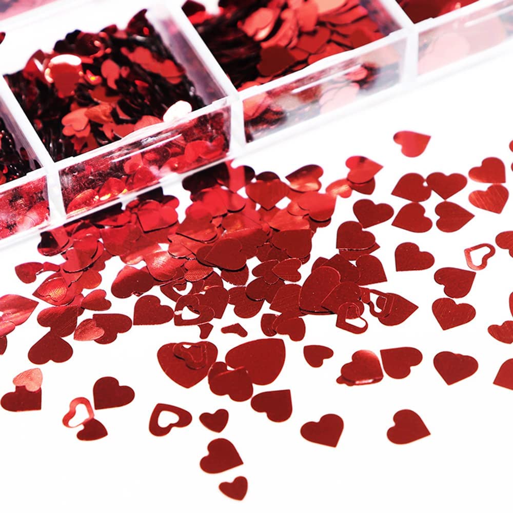 Valentine's Day Nail Art Glitters - 3D Heart Shaped Holographic Nail Sequins for Women & Girls | 12 Grids Red Sparkling Hollow Heart Nail Decor | Perfect for Valentine's Day Manicures, Parties & Special Occasions