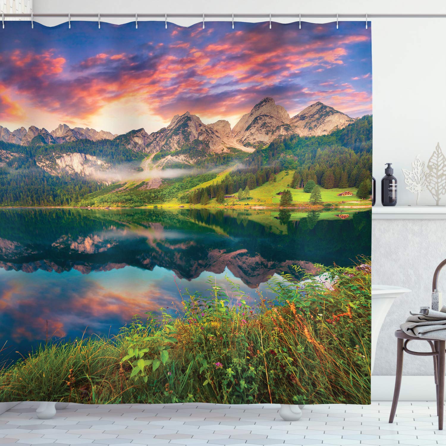 Ambesonne Landscape Shower Curtain - Summer Sunrise at Vorderer Gosausee Lake in Austrian Alps, Waterproof Fabric Bathroom Decor with Hooks, 69x75 Inches, Pink & Green - Perfect for Bathroom, Spa, and Vacation Home Decor