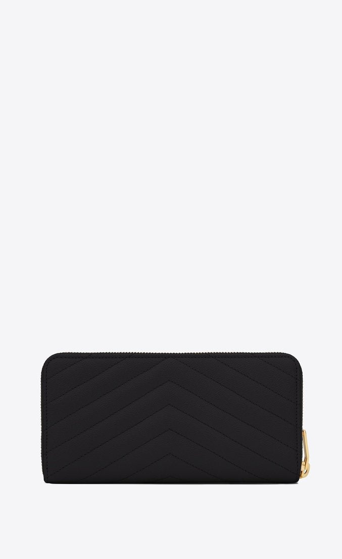 Saint Laurent Monogram Zip Around Wallet - Black Grain De Poudre Leather Luxury Wallet for Men | Perfect for Everyday Use & Travel Essentials