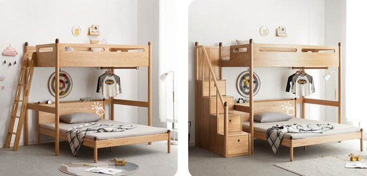 Solid Oak Wood Loft Bed with Storage Cabinet - Space-Saving Furniture for Small Rooms, Kids Bedroom & Dormitory