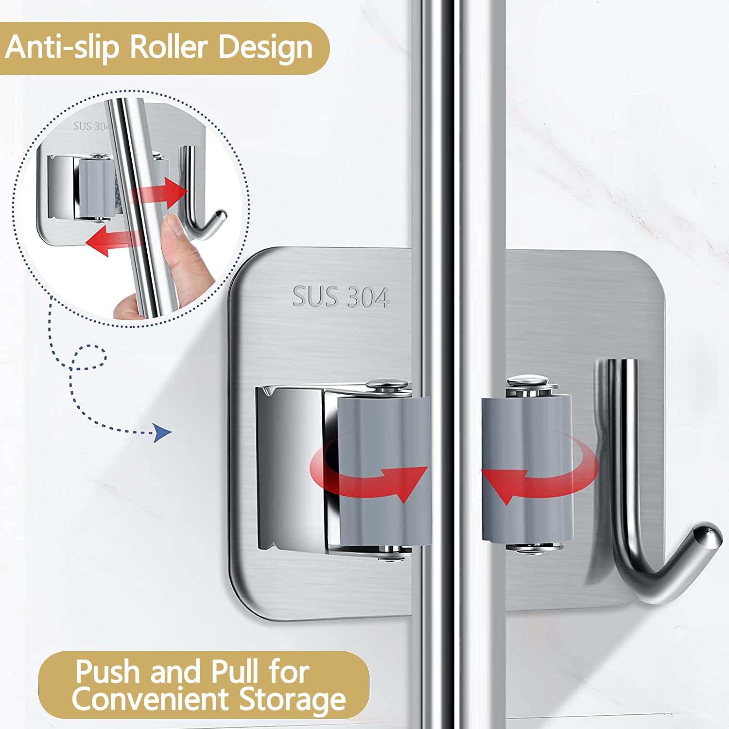 3PCS Heavy Duty 304 Stainless Steel Broom Mop Holder Wall Mount - Durable Utility Storage Rack for Brooms, Mops & Tools - Perfect for Home, Office, Closet & Garden Organization