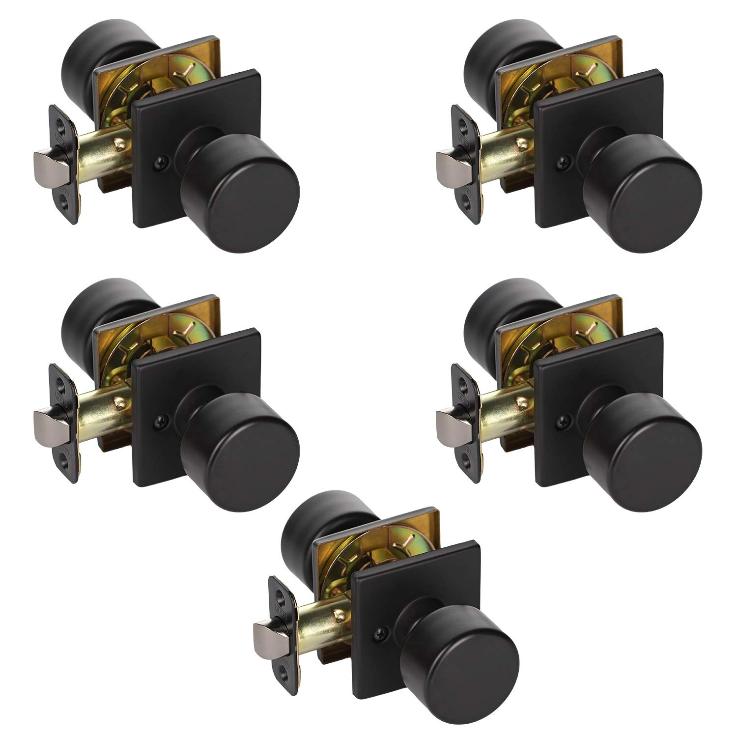 Modern Matte Black Square Rose Door Knobs - 5-Pack Designer Flat Hall & Closet Passage Knobs - Durable Hardware for Bedroom, Bathroom & Interior Doors