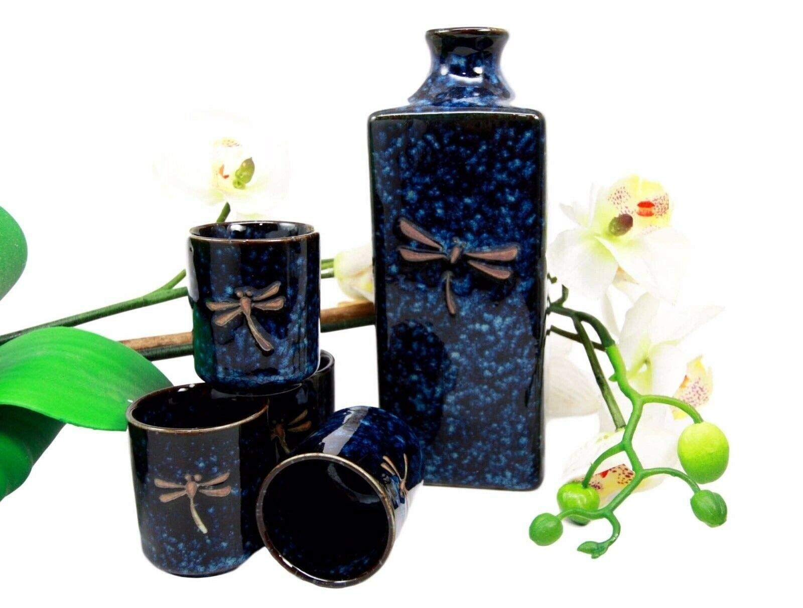 Japanese 14oz Ceramic Midnight Blue Dragonfly Tombo Sake Set with 4 Cups - Elegant Sake Flask & Cup Gift Set for Home Bar, Dinner Parties & Japanese Culture Enthusiasts