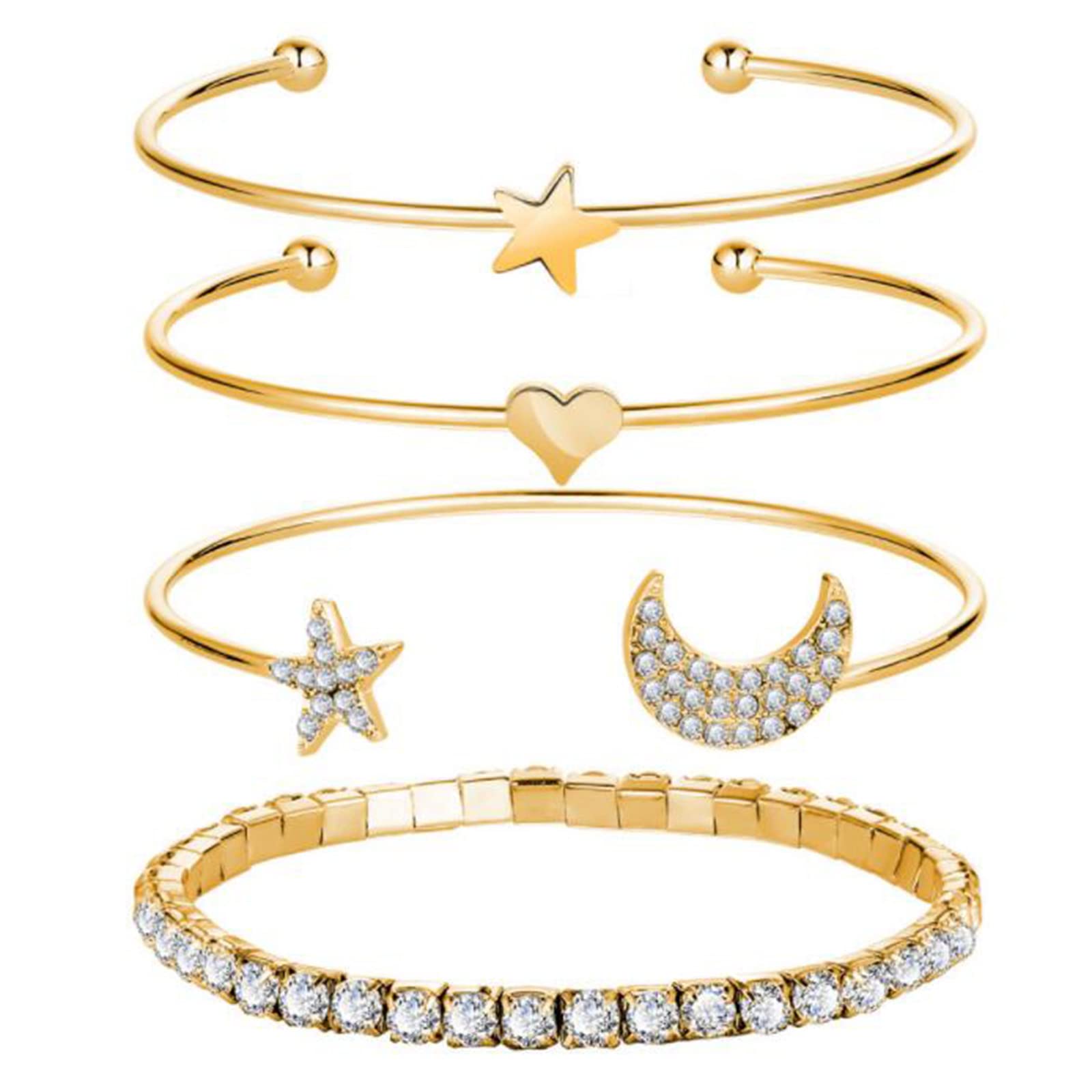 Layered Moon Star Bracelet - Gold Rhinestone Tennis Chain Cuff Bracelet Set for Women, Vintage Crystal Hand Chain Jewelry, 4Pcs - Perfect for Parties, Weddings & Everyday Wear