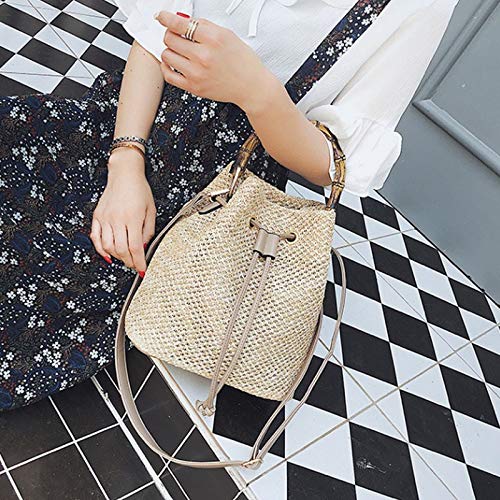 Stylish Women's Straw Bucket Bag with Drawstring - Bamboo Tote Shoulder Bag & Crossbody Beach Purse | Perfect for Summer Outings, Vacations, and Seaside Adventures