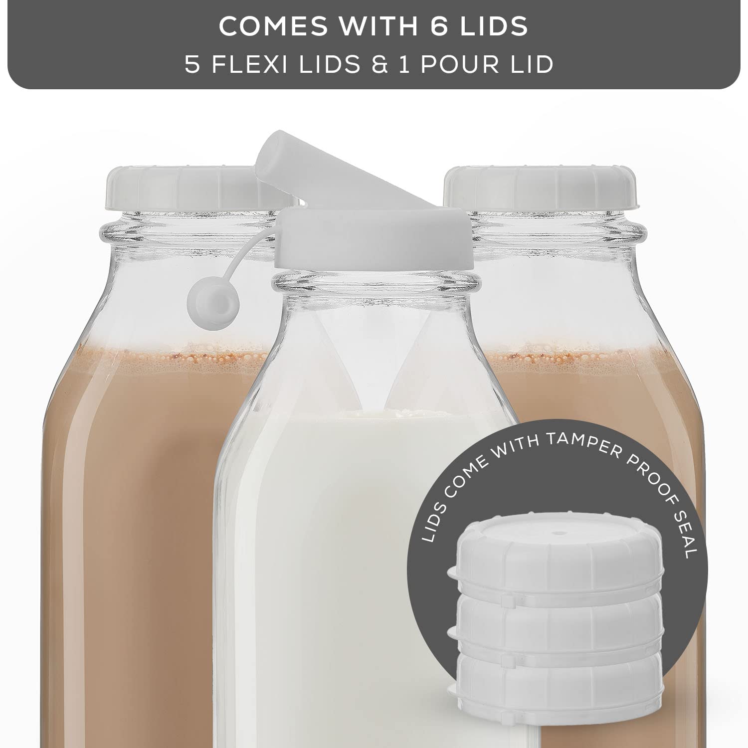 JoyJolt 32 Oz Glass Milk Bottles with Lids & Pourer - 3 Pack Airtight, Leakproof, BPA-Free Food Grade Pitcher | Reusable Heavy Duty Glass Jugs for Milk, Juice, Water | Dishwasher Safe for Kitchen, Restaurant, Camping & Meal Prep