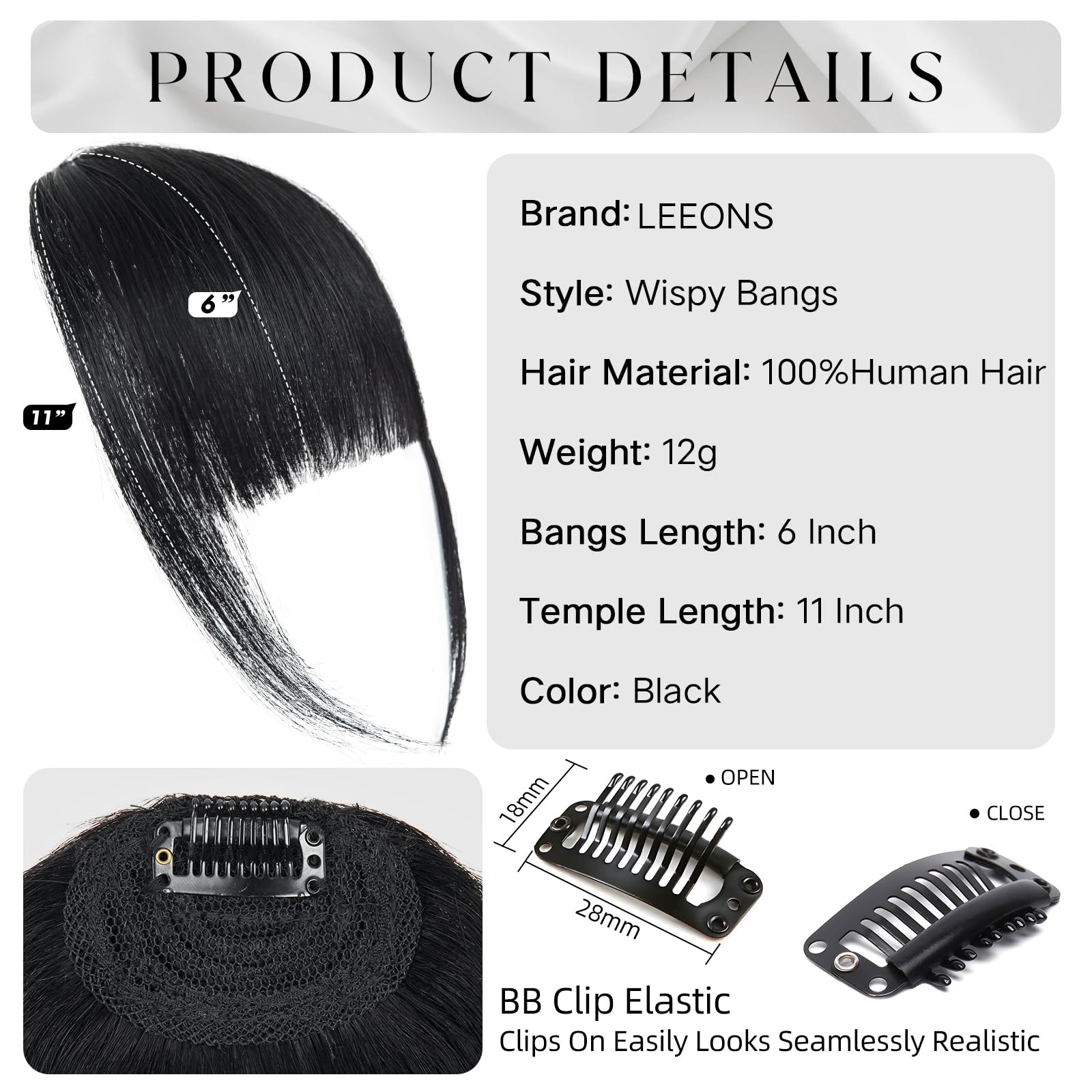 LEEONS Clip-in Bangs Black 100% Human Hair - Blunt Cut Fake Bangs for Women | Natural Looking Hair Extensions for Daily Wear, Parties & Halloween Costumes (1B Black)