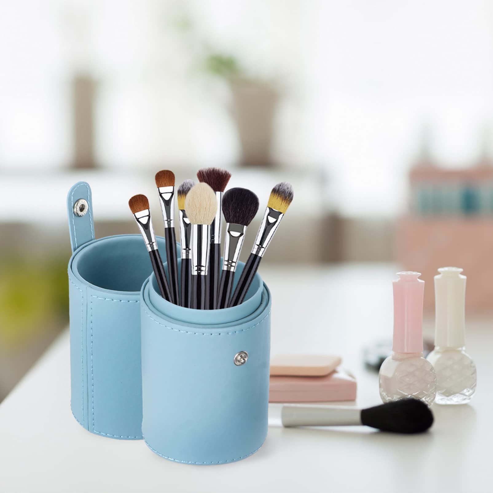 FOMIYES Makeup Brush Organizer Bag with Lid - Travel Cosmetic Brush Holder Case, PU Leather Storage Box for Women & Girls (Lake Blue) - Perfect for Travel, Home, and Salon Makeup Brush Organization