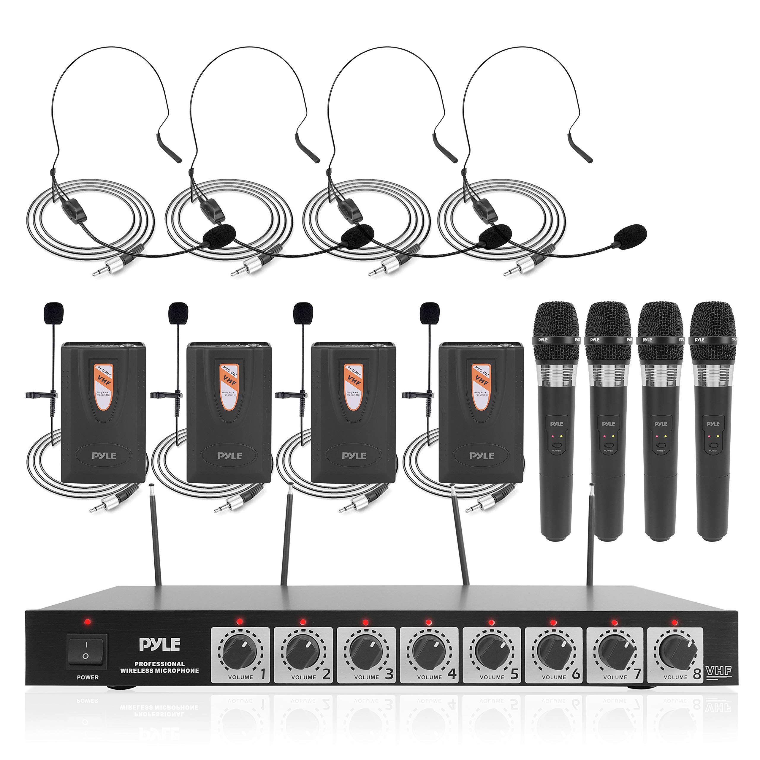 Pyle 8 Channel Wireless Microphone System - Professional VHF Audio Mic Set with 1/4