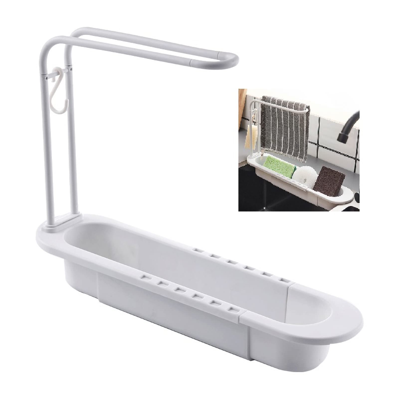 MJJLT Adjustable Kitchen Sink Organizer - Soap Holder, Sponge Holder with Drainer Tray & Dish Cloth Hanger - Space Saving Storage Solution for Home Kitchen (Perfect for Small Spaces & Under Sink Organization)
