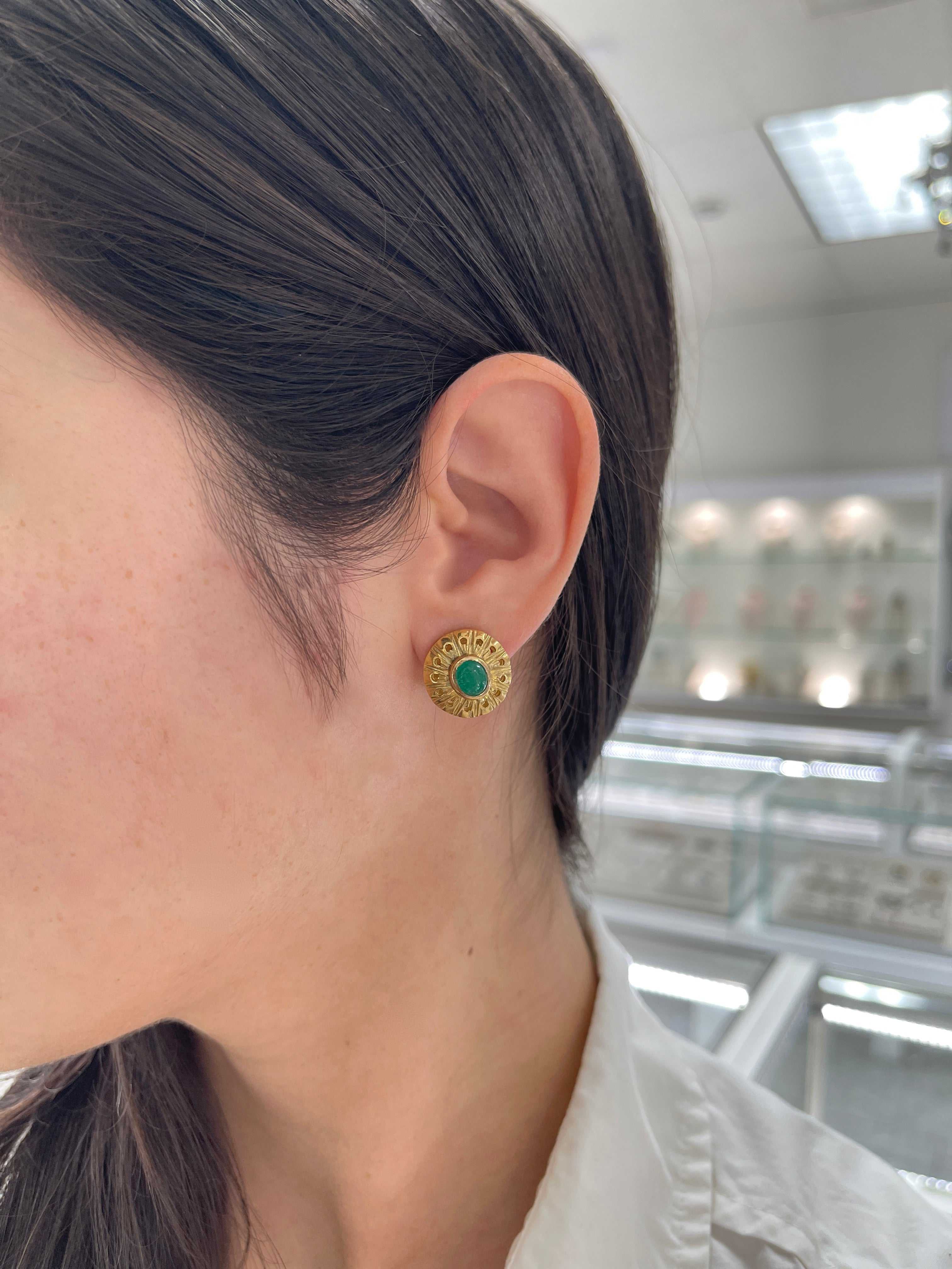 3.10tcw High Quality Colombian Emerald Cabochon Omega Earrings in 18K Gold - Elegant Jewelry for Weddings, Parties & Special Occasions