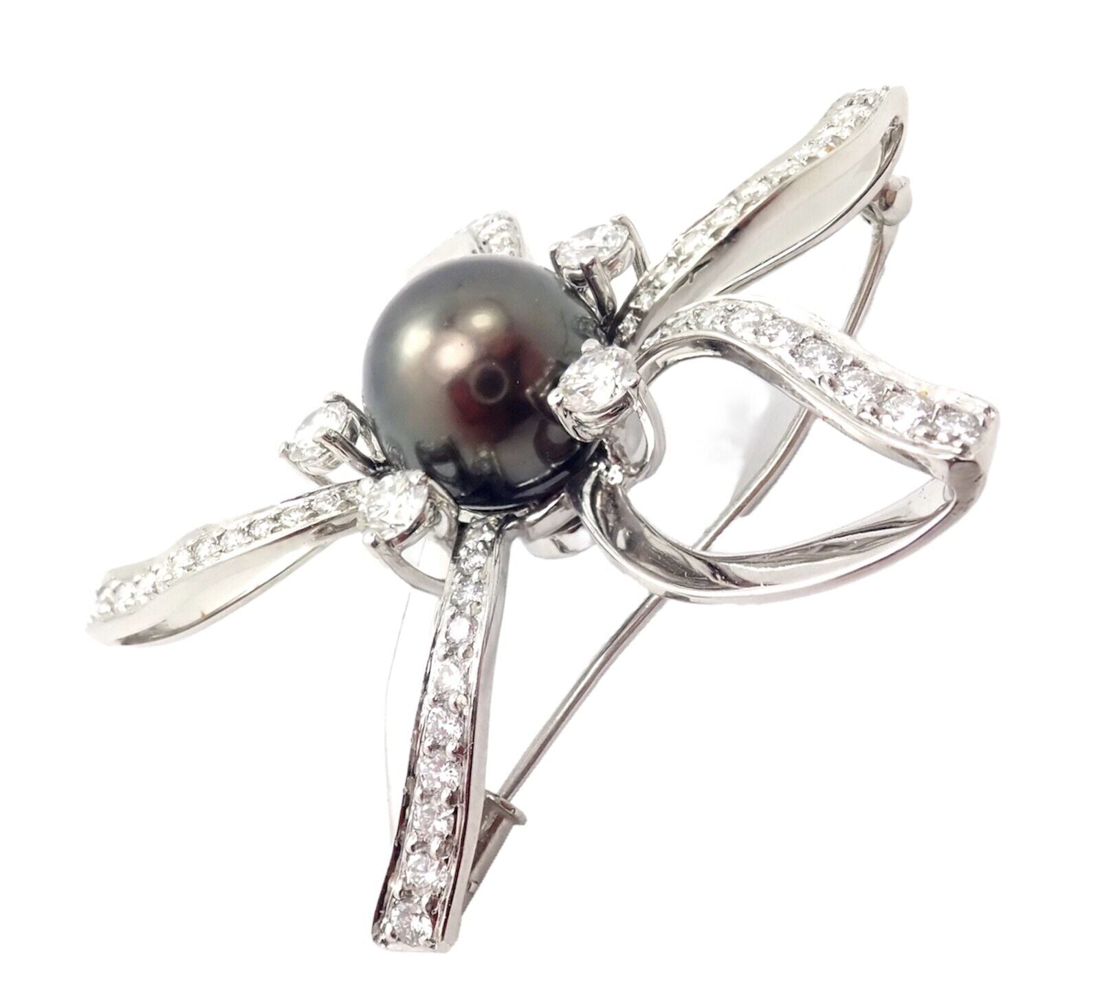 Authentic Mikimoto Platinum Diamond Tahitian South Sea Pearl Brooch Pin - Luxury Pearl Jewelry for Women, Elegant Gift for Special Occasions, Perfect for Weddings, Anniversaries and Formal Events