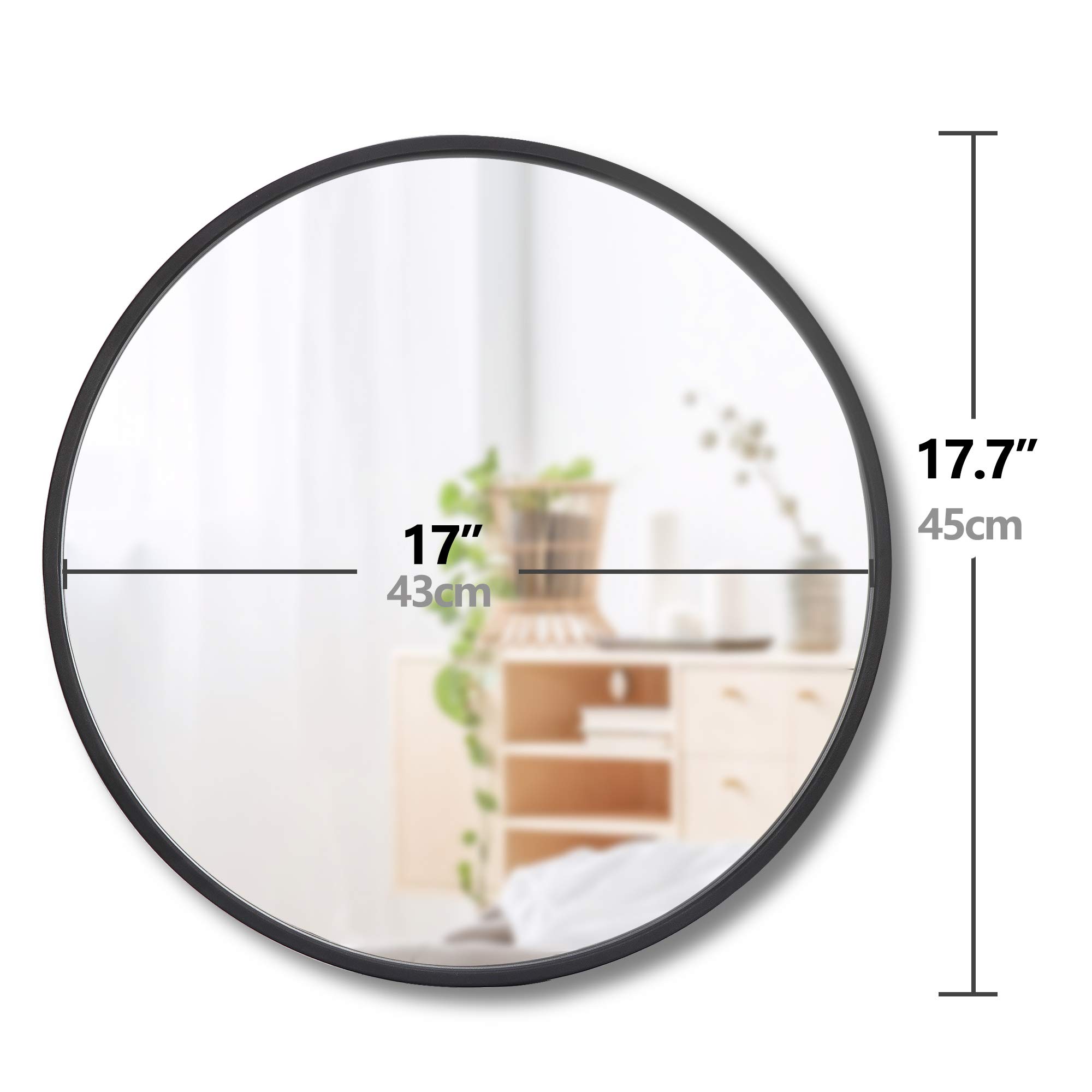 18 Inch Round Wall Mirror with Black Rubber Frame - Large Circle Vanity Mirror for Hallway, Entryway, Bedroom & Bathroom Decor | Perfect for Home, Office or Salon Use