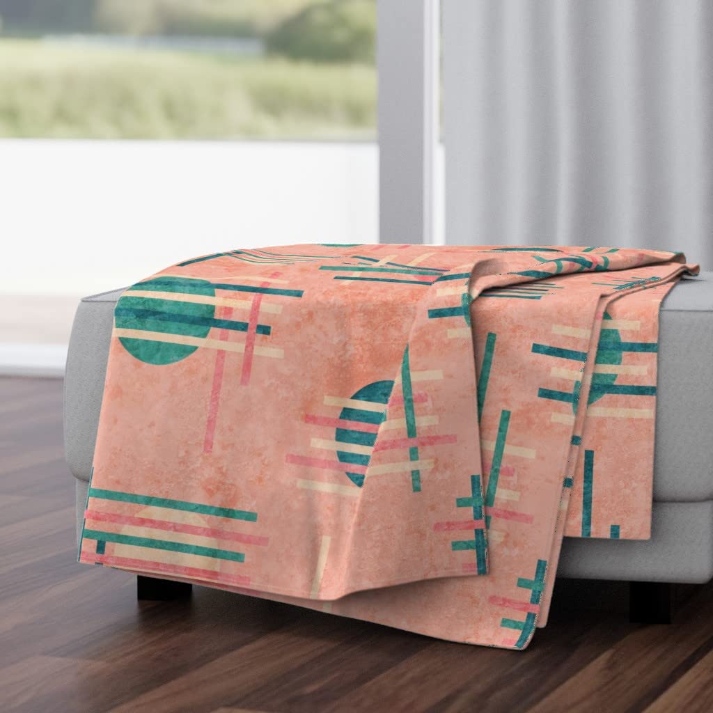Soft Plush Minky Throw Blanket 50x70 Inches - Pink Geometric Mid Century Modern Abstract Circles with Celestial Moon & Teal Coral Clouds Sky Design | Cozy Home Decor, Perfect for Sofa, Bed & Gift Giving