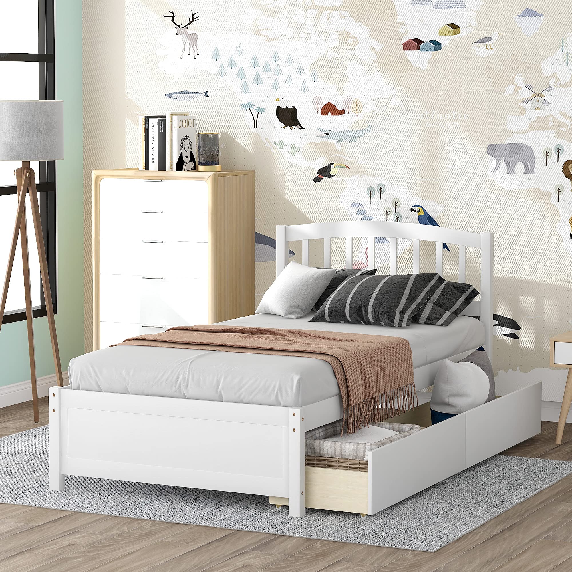 Harper & Bright Designs Twin Storage Bed Frame with 2 Drawers & Headboard - Wood Platform Bed for Kids & Teens - White - Perfect for Small Bedrooms & Space-Saving Solutions