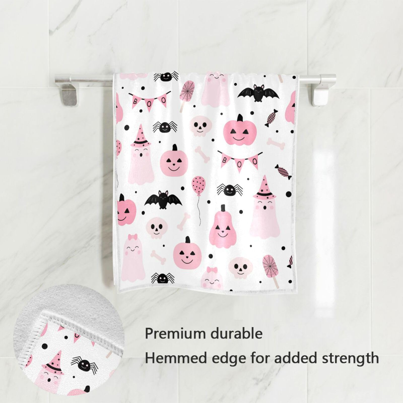 Pfrewn Halloween Hand Towels - Soft Absorbent Pink Ghost & Pumpkin Bath Towels (16x30 in) for Kitchen, Bathroom, Guest Use - Cute Fall Decor & Autumn Dish Towels - Perfect for Halloween Parties, Home Decor & Seasonal Gifting
