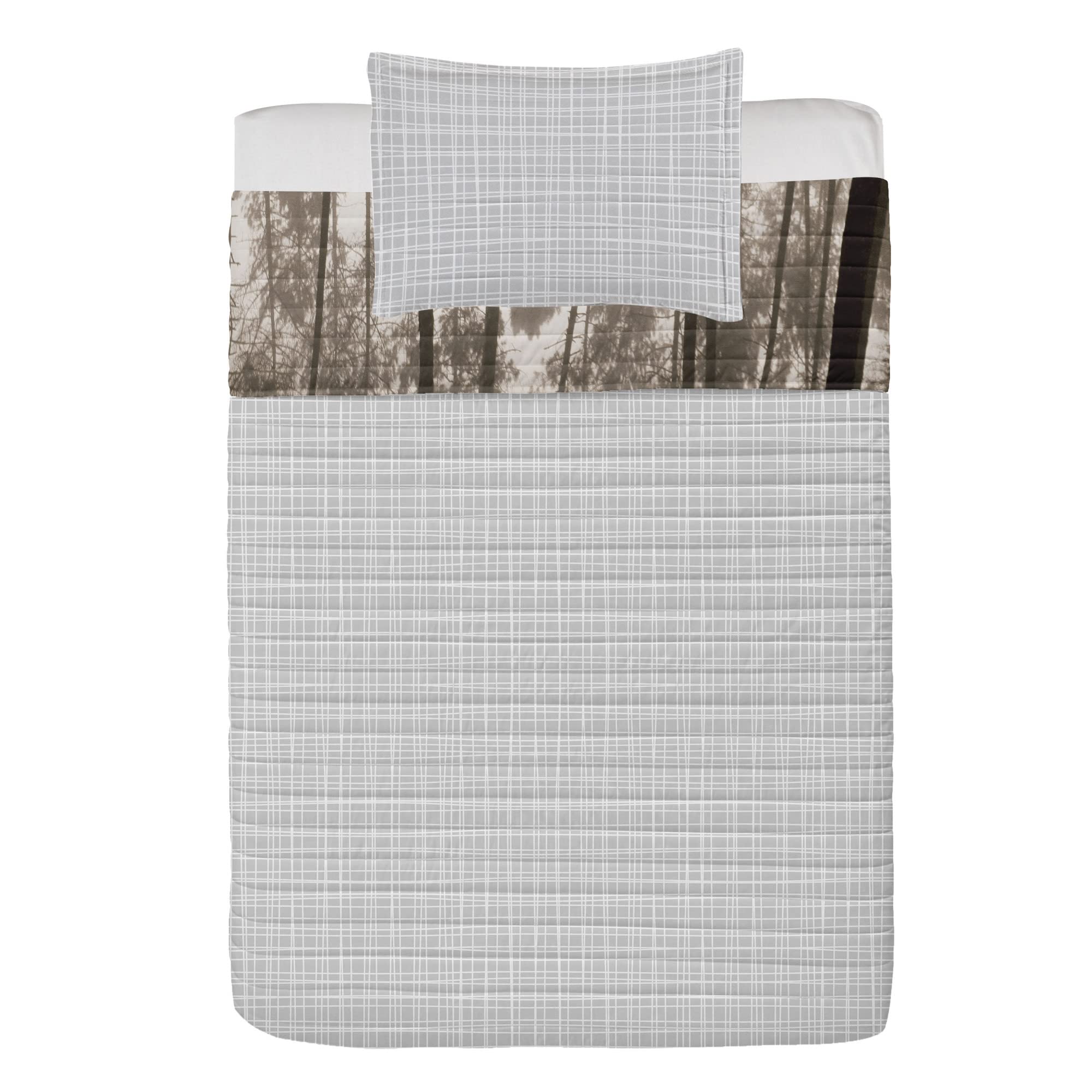 Ambesonne Reversible Forest Bedspread Set - Fantasy Woodland Fog Trees Design, Microfiber Comforter & Pillow Shams, Twin Size Slate Brown Mustard - Perfect for Cozy Cabin Retreats & Nature-Themed Bedrooms