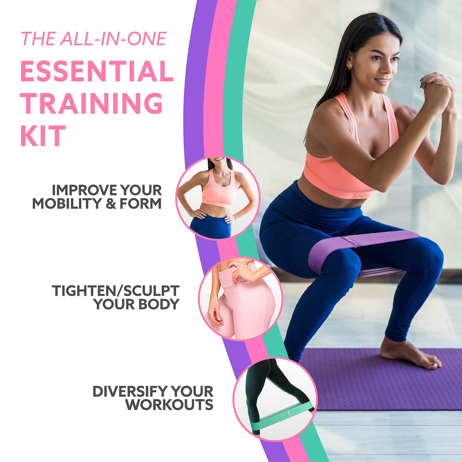 3DActive Fabric Resistance Bands for Legs & Butt Workouts - Non-Slip Hip Band Set for Home & Gym Training - Includes Exercise Guide & Carry Bag - Perfect for Squats, Yoga, Pilates & Strength Training