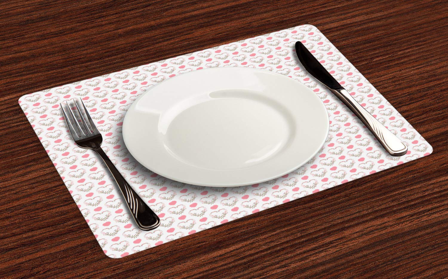 Lunarable Valentine's Day Place Mats Set of 4 - Heart-Shaped Romantic Floral Wreath Design, Washable Fabric Dining Table Mats in Pink & Coconut (Standard Size) | Perfect for Romantic Dinners, Anniversary Celebrations & Couple's Home Decor