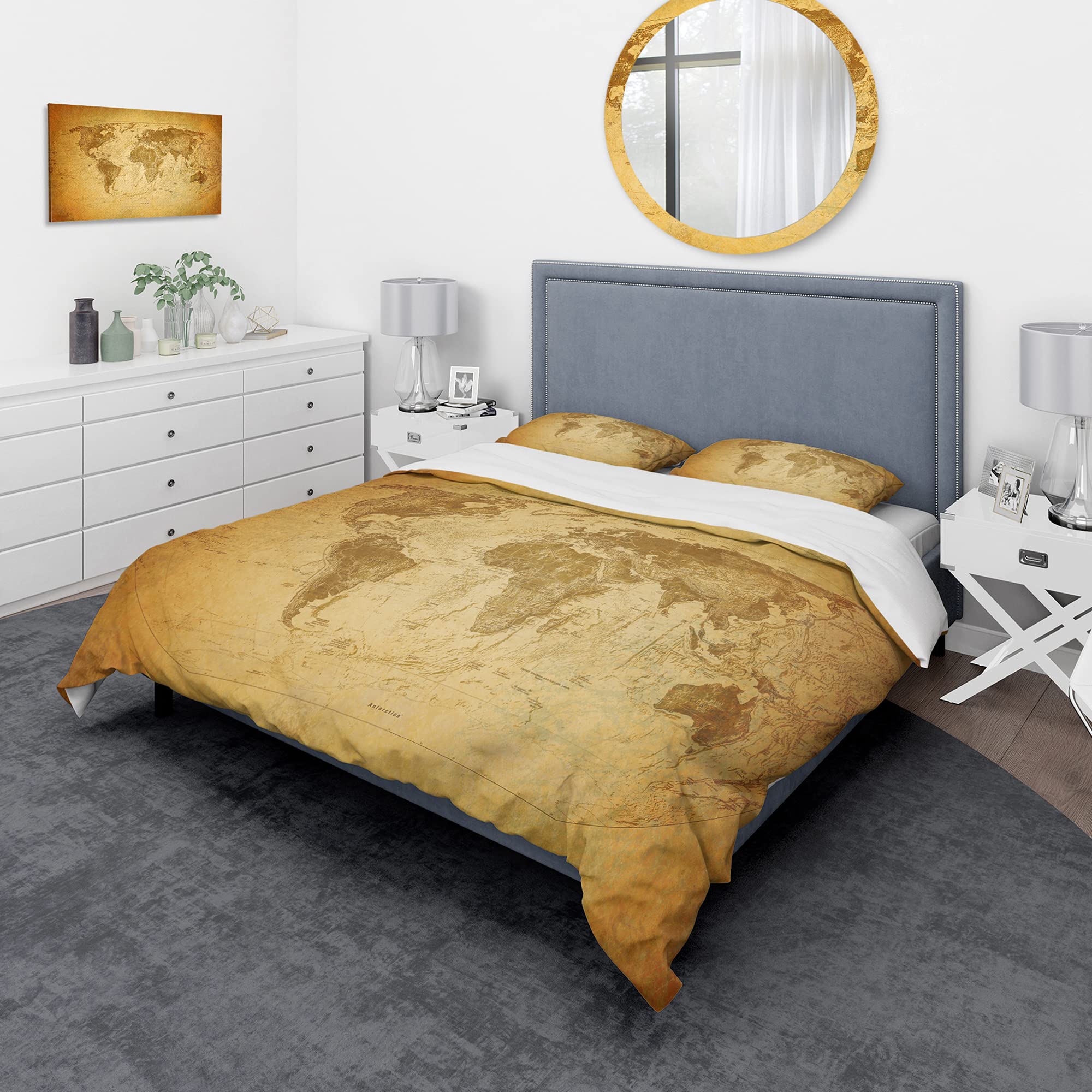 Vintage Classic World Map Duvet Cover Set King Size - 3 Piece Beige Bedding Set for All Seasons | Perfect for Travel Lovers & Geography Enthusiasts Bedroom Decor