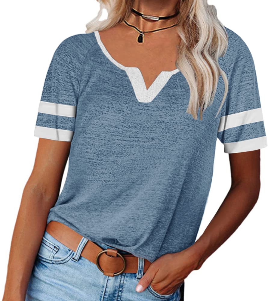 MaQiYa Women's V-Neck Color Block Tunic T-Shirt - Summer Short Sleeve Casual Cotton Tee - Perfect for Work, Weekend & Vacation Outfits