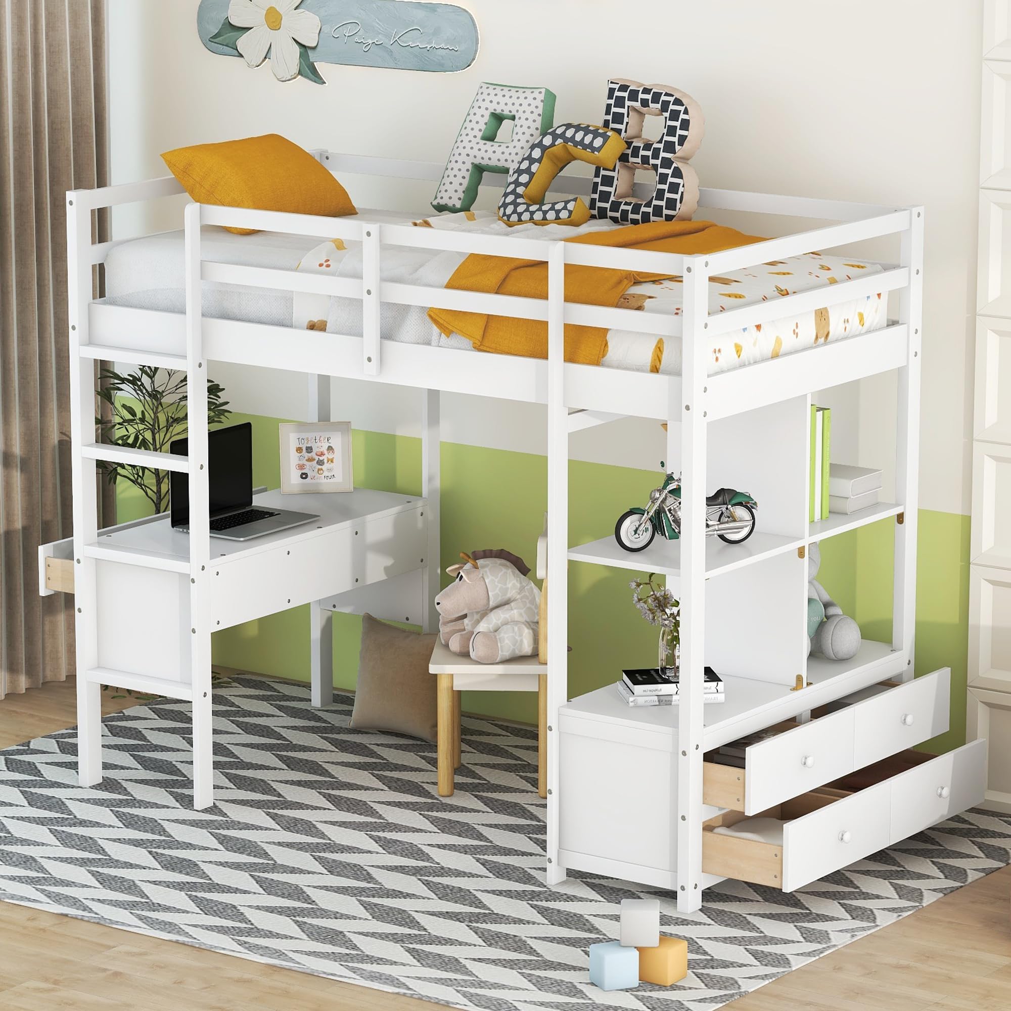 Harper & Bright Designs Solid Wood Twin Size Loft Bed with Desk, Bookshelf & Storage Drawers - Space-Saving Study & Sleep Solution for Kids, Teens & Adults - Perfect for Small Bedrooms, Dorms & Apartments (White)