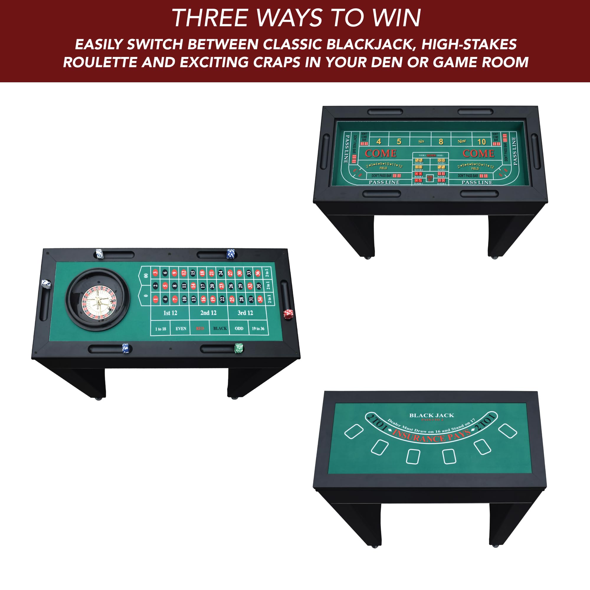 Hathaway Classic Monte Carlo 4-in-1 Casino Game Table Set - Craps, Roulette, Blackjack & Poker Table Top with Complete Accessories | Perfect for Game Nights, Parties & Home Entertainment