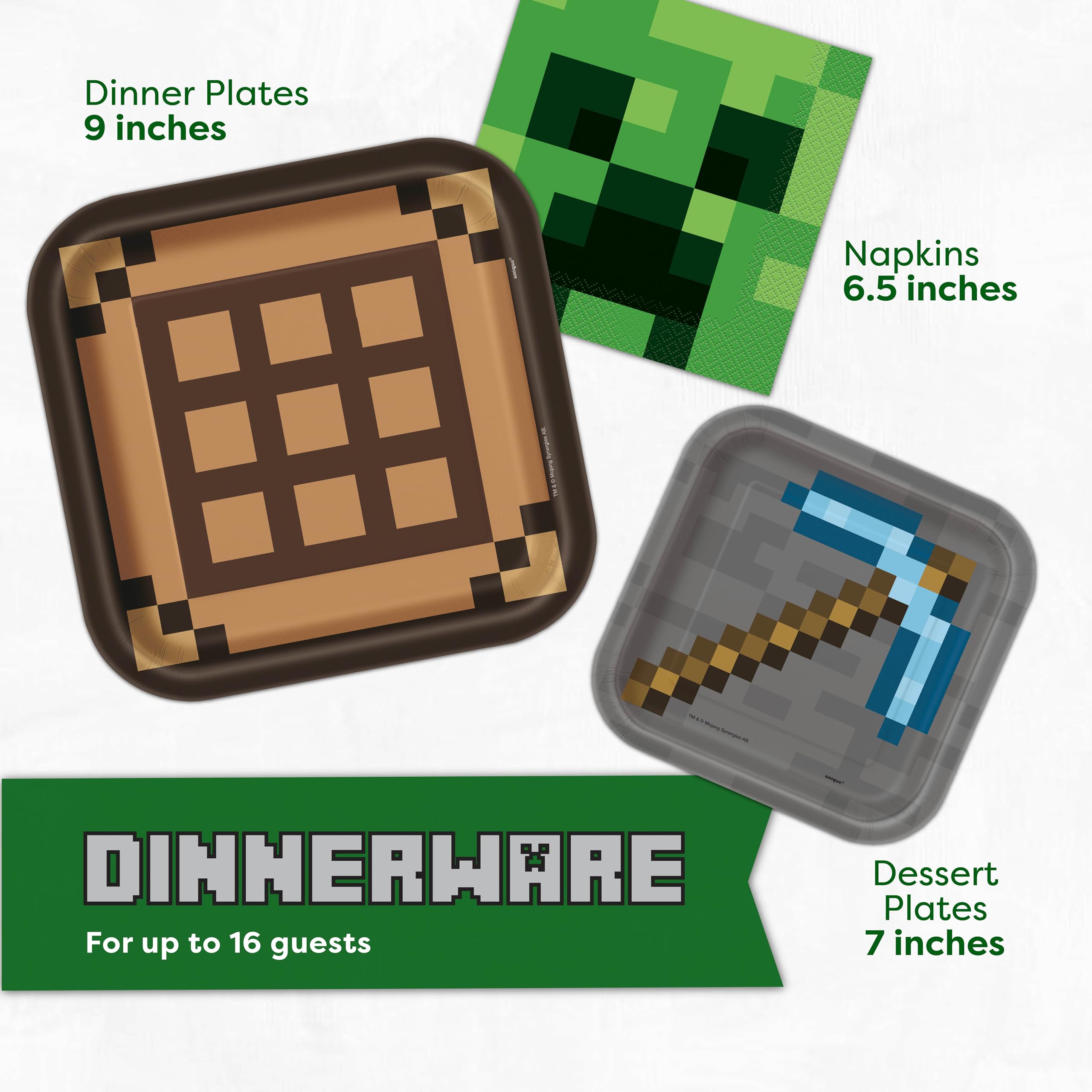 Minecraft Party Supplies for Boys and Girls - 16-Piece Birthday Decoration Set with Table Cover, Plates & More - Perfect for Kids' Birthday Parties, School Events & Themed Celebrations