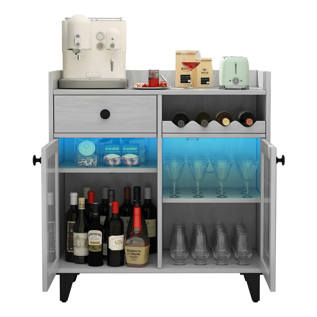 Modern Farmhouse Wine Bar Cabinet with LED Lights - Adjustable Shelves & Glass Door Storage for Kitchen, Dining Room or Living Room - Gray Buffet Sideboard for Liquor, Coffee & Home Decor