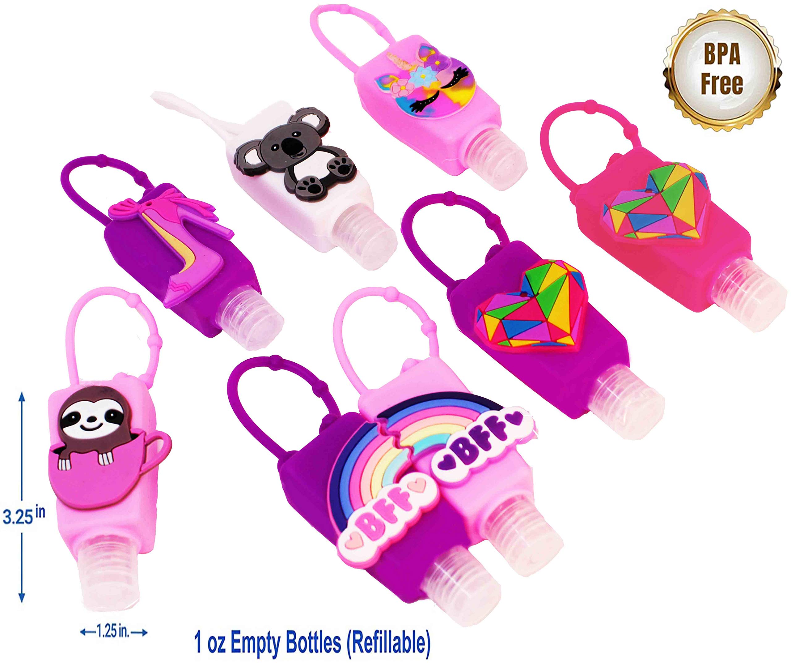 KINIA 8 Pack Empty BFF Kids Hand Sanitizer Travel Size Bottles - 1 fl oz Reusable Flip Cap Keychain Carriers (8-Variety Pack) - Perfect for School, Gym, Travel & Daily Hygiene
